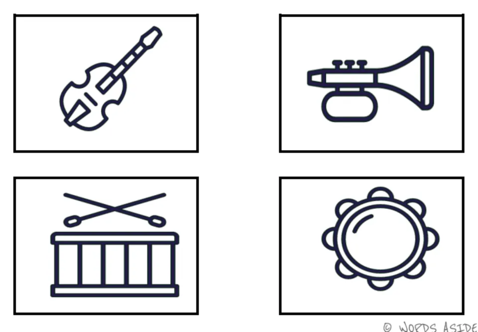 Music vocabulary outline cards 1–4 of the first six-card set: violin, trumpet, drum, and tambourine