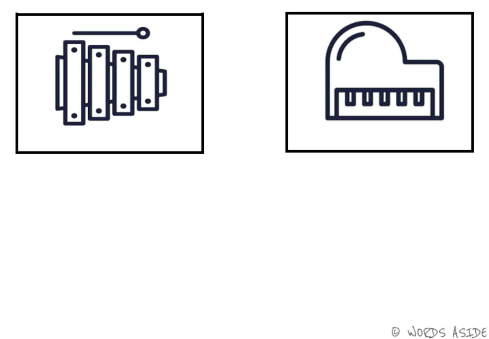 Music vocabulary outline cards 5–6 of the first six-card set: a xylophone with a mallet and a piano