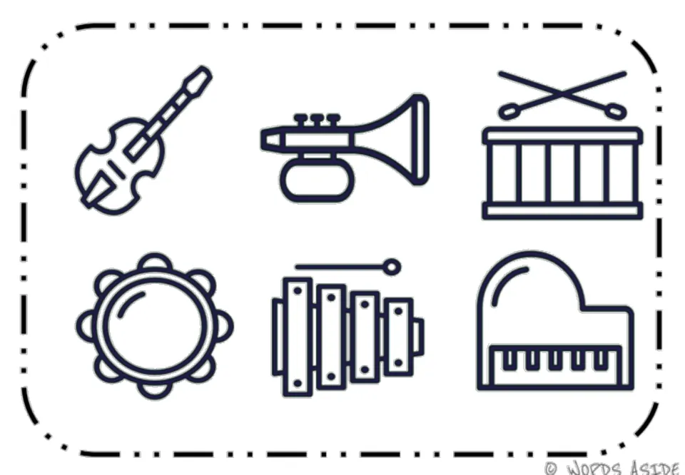 Second music vocabulary outline mat showing a violin, trumpet, drum, tambourine, xylophone, and piano