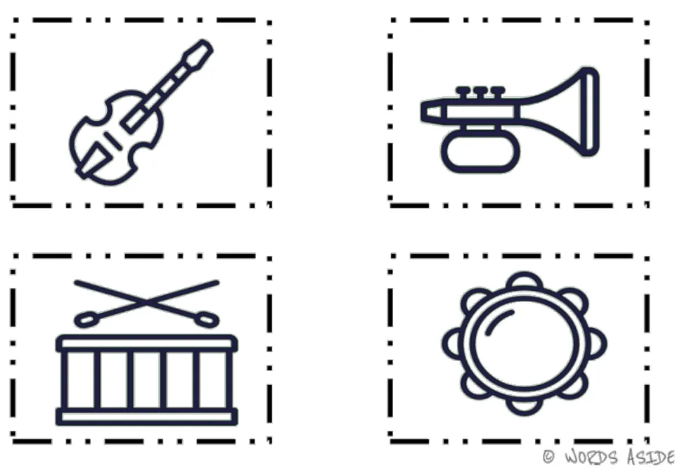 Music vocabulary outline cards 1–4 of the second six-card set: violin, trumpet, drum, and tambourine