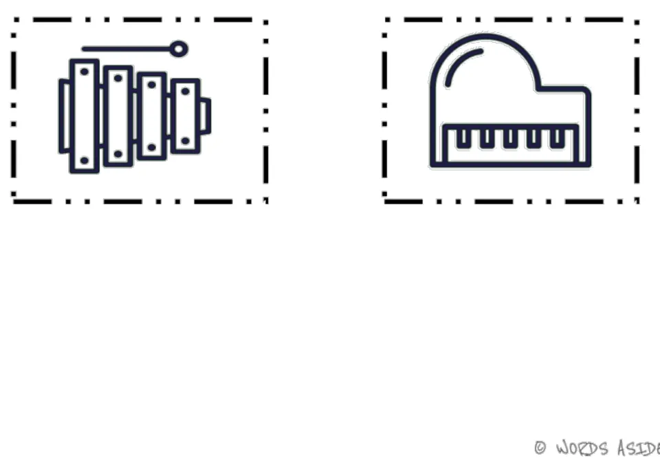 Music vocabulary outline cards 5–6 of the second six-card set: a xylophone with a mallet and a piano
