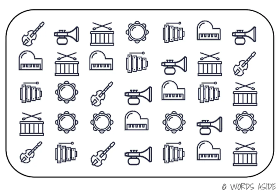 Music vocabulary sheet of 35 repeated symbols: violins, trumpets, drums, tambourines, xylophones, and pianos
