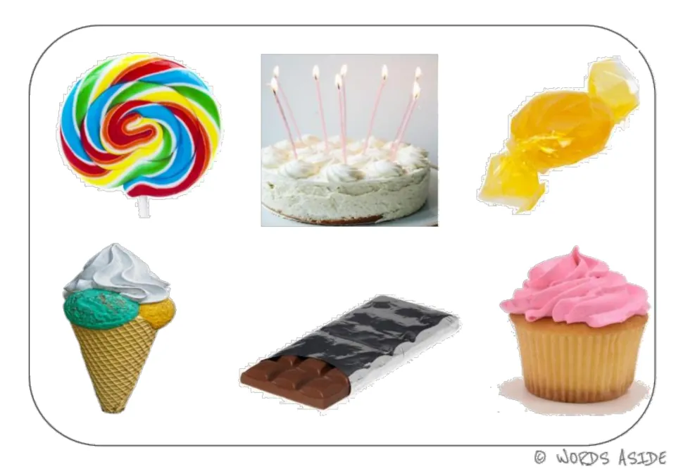 Color sweets vocabulary mat showing a lollipop, cake, wrapped candy, ice cream cone, chocolate bar and cupcake