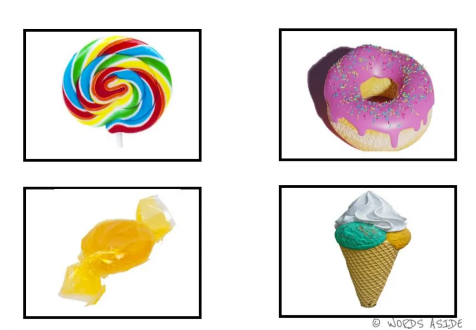 Sweets vocabulary cards 1–4 in color: a rainbow lollipop, pink-frosted donut, wrapped candy and ice cream cone