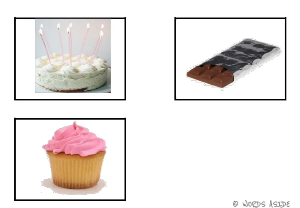 Sweets vocabulary cards 5–7 in color: a birthday cake with candles, chocolate bar and pink-frosted cupcake