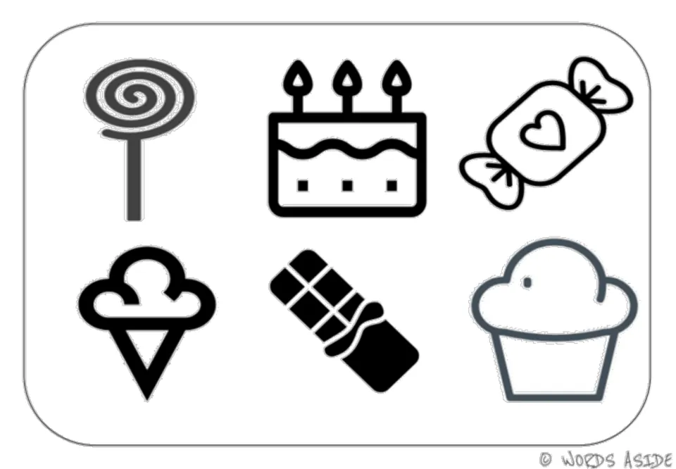 Sweets symbol mat for vocabulary: a lollipop, cake, wrapped candy, ice cream cone, chocolate bar and cupcake