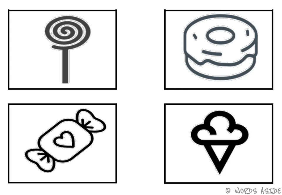 Sweets vocabulary symbol cards 1–4 in the first black-and-white set: lollipop, donut, candy and ice cream