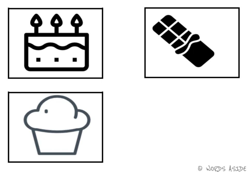 Sweets vocabulary symbol cards 5–7 in the first black-and-white set: birthday cake, chocolate bar and cupcake
