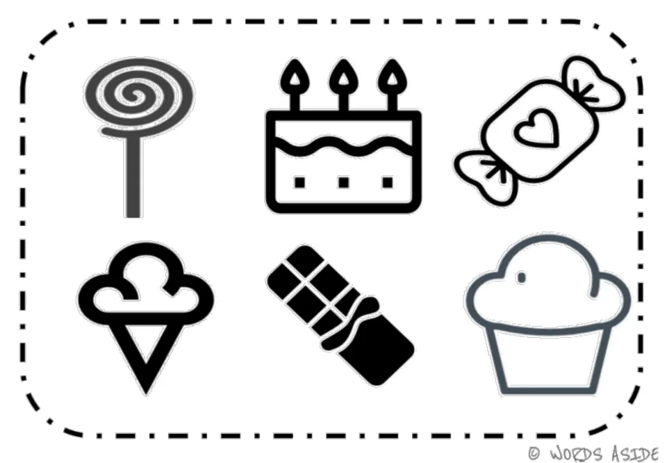 Second sweets symbol mat for vocabulary: lollipop, cake, candy, ice cream cone, chocolate bar and cupcake
