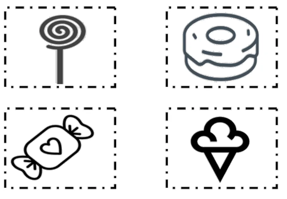 Sweets vocabulary symbol cards 1–4 in the second black-and-white set: lollipop, donut, candy and ice cream