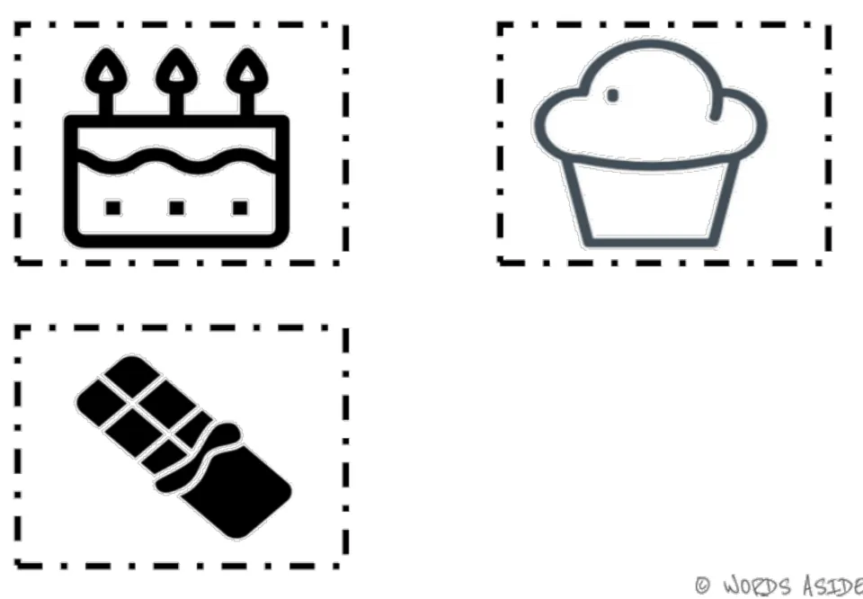 Sweets vocabulary symbol cards 5–7 in the second black-and-white set: birthday cake, cupcake and chocolate bar