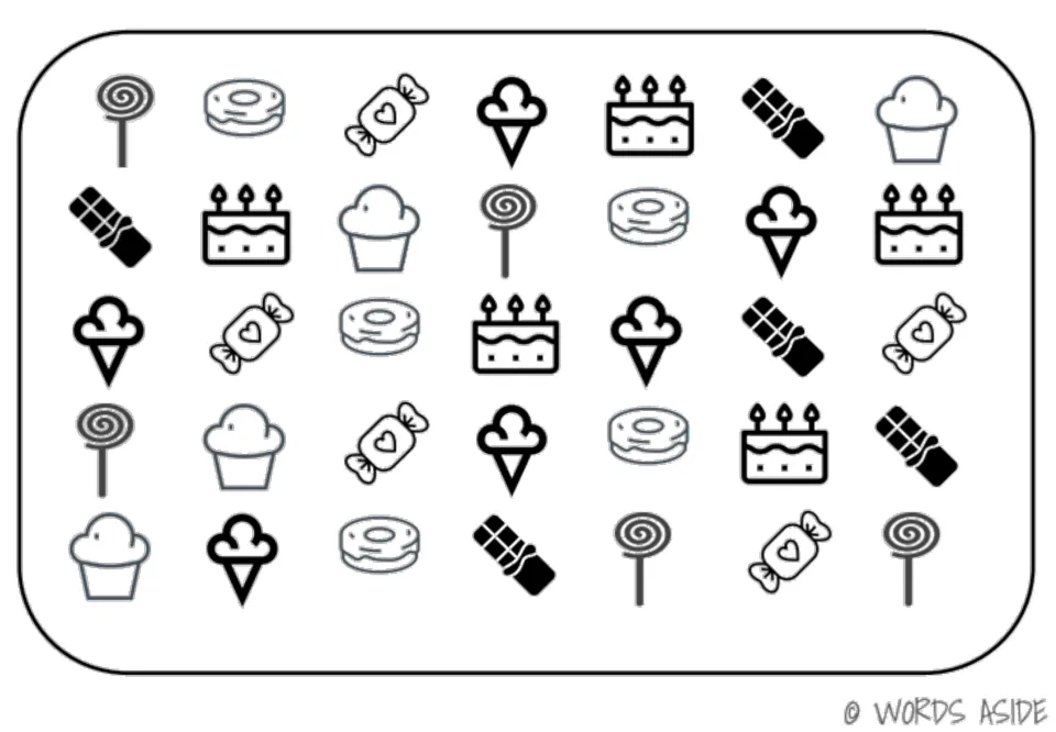 Sweets vocabulary sheet of 35 symbols repeating lollipops, donuts, candies, ice cream, cakes, chocolate and cupcakes