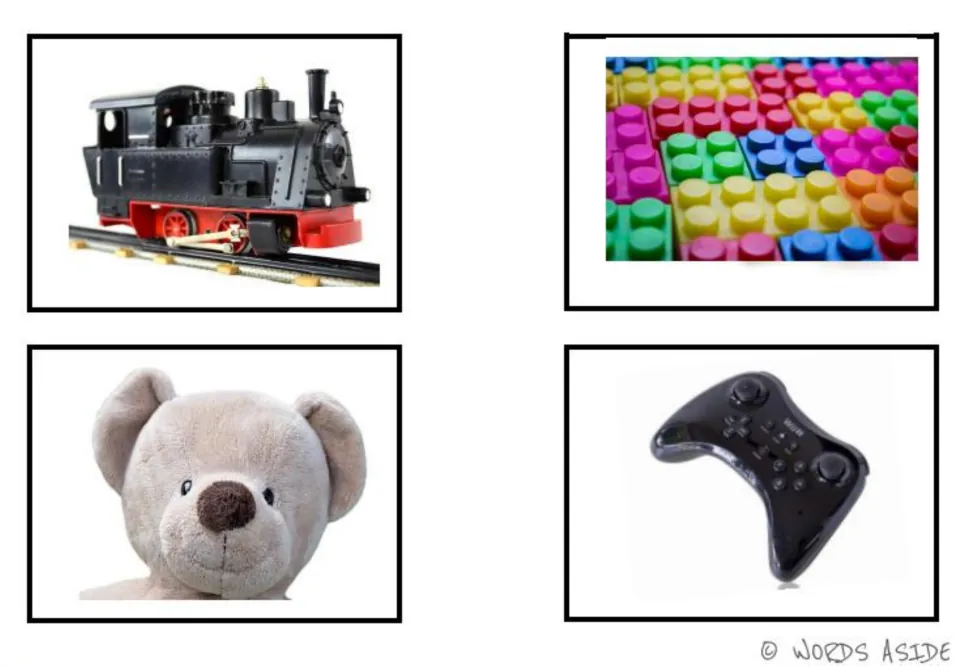 Toy vocabulary photo cards 1–4 of six: a toy train, colorful building blocks, teddy bear, and game controller