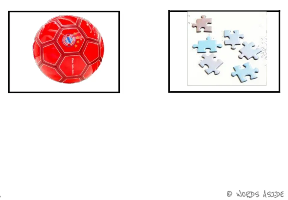 Toy vocabulary photo cards 5–6 of six: a red soccer ball and loose puzzle pieces, completing the photo set