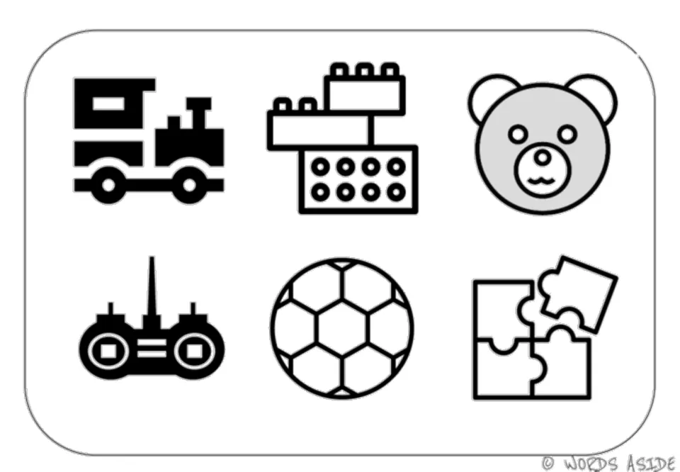 Toy vocabulary symbol mat showing a train, building blocks, teddy bear, remote control, soccer ball, and puzzle