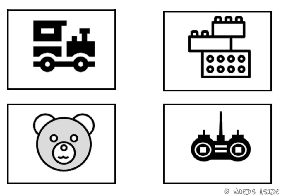 Toy vocabulary symbol cards 1–4 of six: a train, building blocks, teddy bear, and an antenna-equipped remote control
