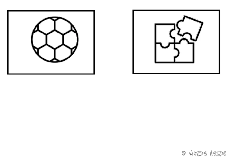 Toy vocabulary symbol cards 5–6 of six: a soccer ball and a puzzle, completing the first set of symbol cards