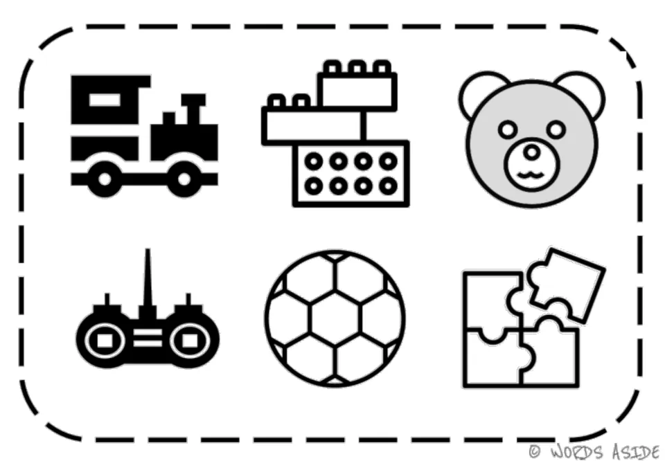 Second toy vocabulary symbol mat: a train, building blocks, teddy bear, remote control, soccer ball, and puzzle