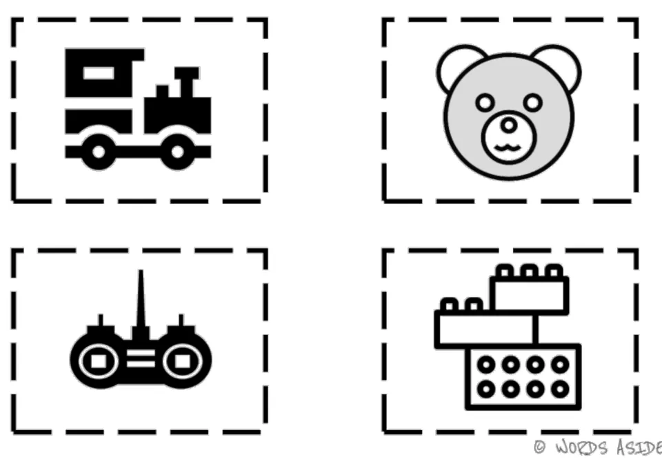 Second toy vocabulary symbol set, cards 1–4: a train, teddy bear, remote control, and building blocks