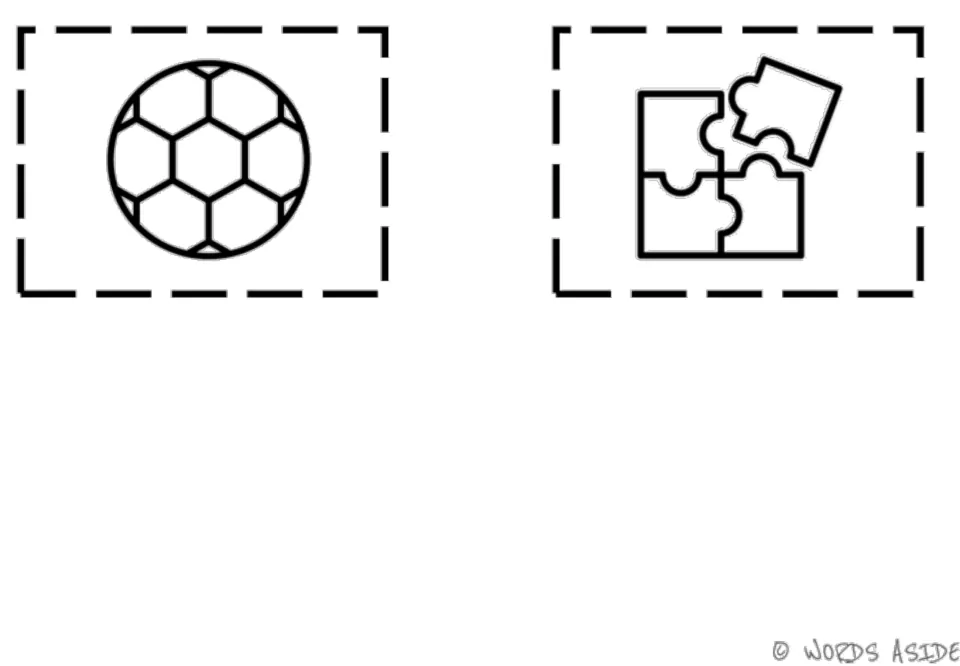 Second toy vocabulary symbol set, cards 5–6: a soccer ball and a puzzle, completing the six-card set