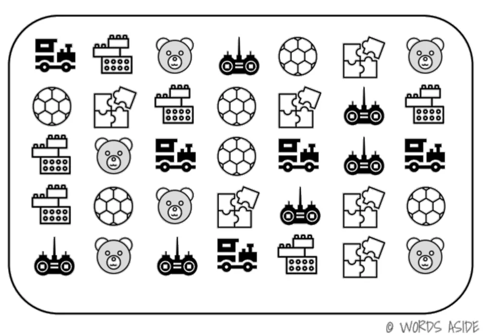 Toy vocabulary mat with 35 repeated symbols of trains, blocks, teddy bears, remote controls, balls, and puzzles
