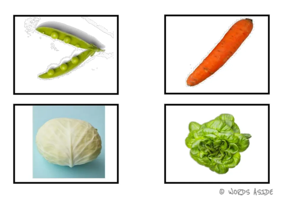 Vegetable vocabulary photo cards 1–4: peas, carrot, cabbage, and lettuce for matching and language activities