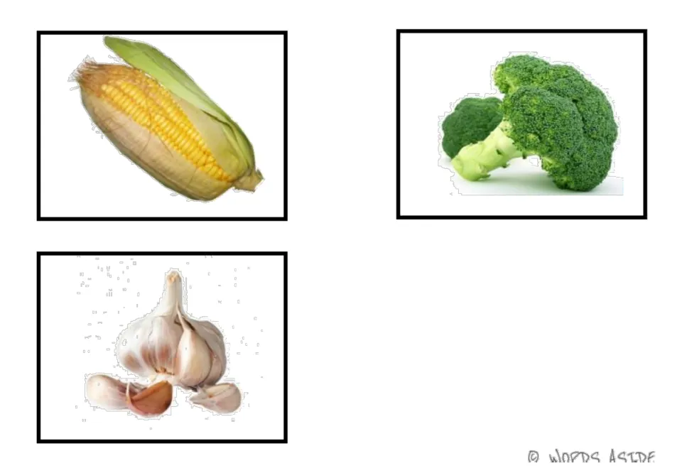Vegetable vocabulary photo cards 5–7: corn, broccoli, and garlic complete the seven-card photo set