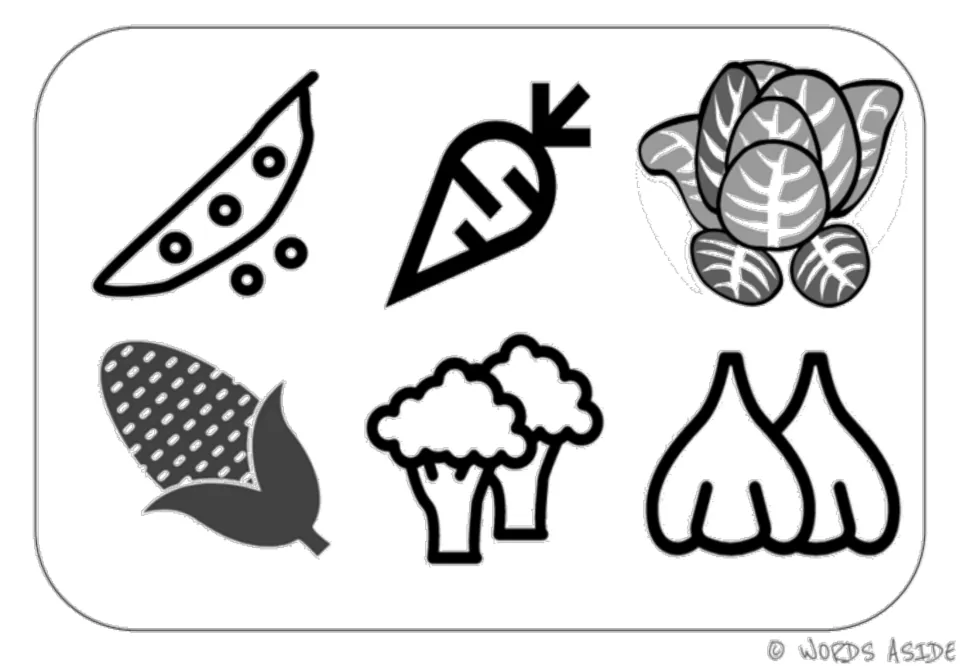 Black-and-white vocabulary mat showing peas, carrot, lettuce, corn, broccoli, and garlic as symbols