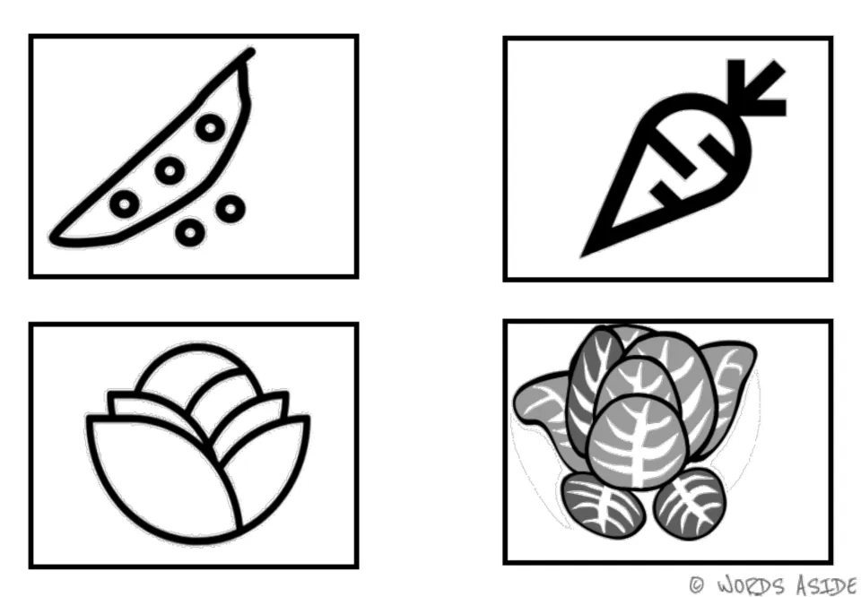 Vegetable vocabulary symbol cards 1–4: peas, carrot, cabbage, and lettuce in the first black-and-white set