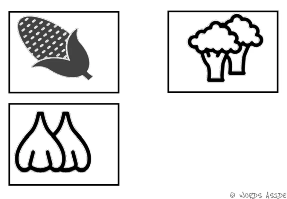 Vegetable vocabulary symbol cards 5–7: corn, broccoli, and garlic complete the first black-and-white set