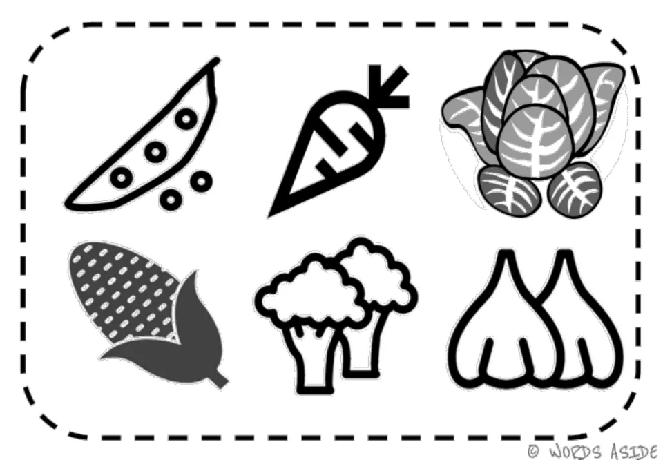 Second black-and-white vocabulary mat repeats the six symbols for peas, carrot, lettuce, corn, broccoli, and garlic