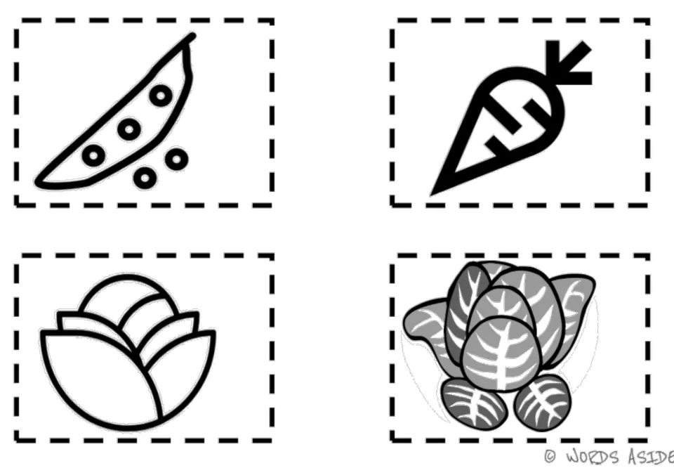 Vegetable vocabulary symbol cards 1–4: peas, carrot, cabbage, and lettuce in the second black-and-white set
