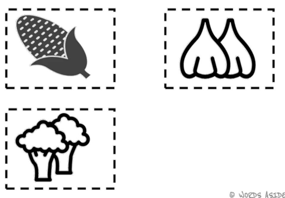 Vegetable vocabulary symbol cards 5–7: corn, garlic, and broccoli complete the second black-and-white set