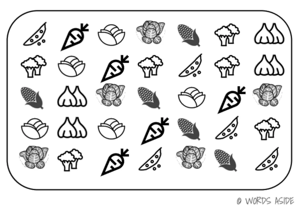 Vegetable vocabulary sheet of 35 repeated symbols showing peas, carrot, cabbage, lettuce, corn, broccoli, and garlic