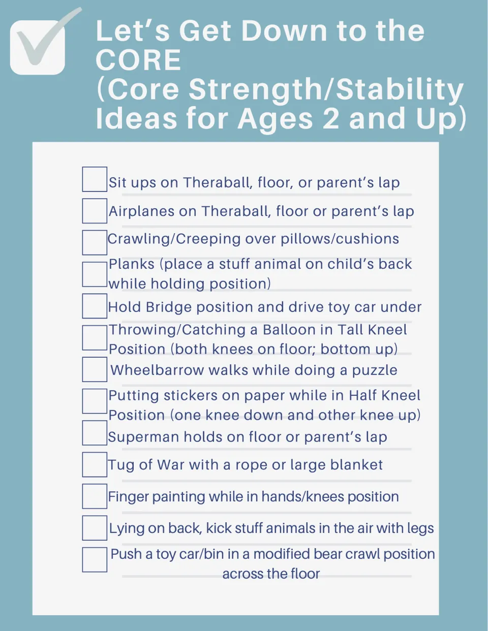 Core activity checklist, items 1–13: sit-ups, airplanes, crawling over cushions, planks, and nine more