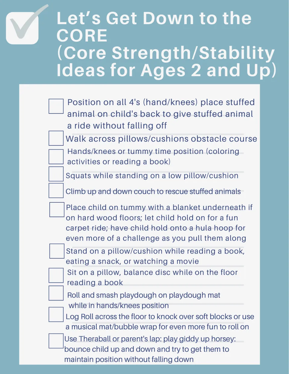 Core activity checklist, items 14–24: stuffed animal rides on all fours, cushion walks, and nine more