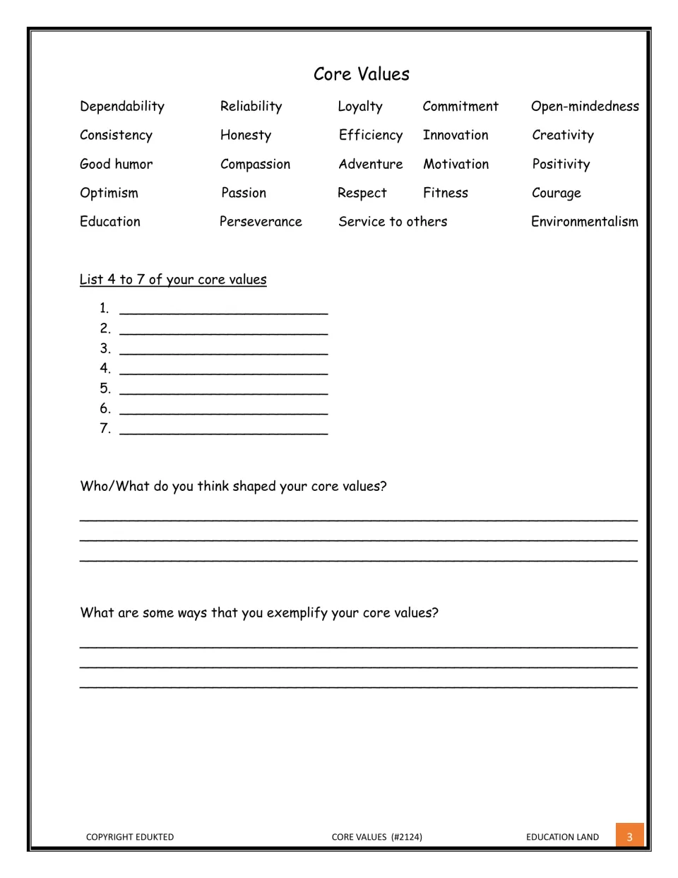 Values reflection: students pick 4 to 7 from a 24-word bank, then say what shaped them and how they live them out