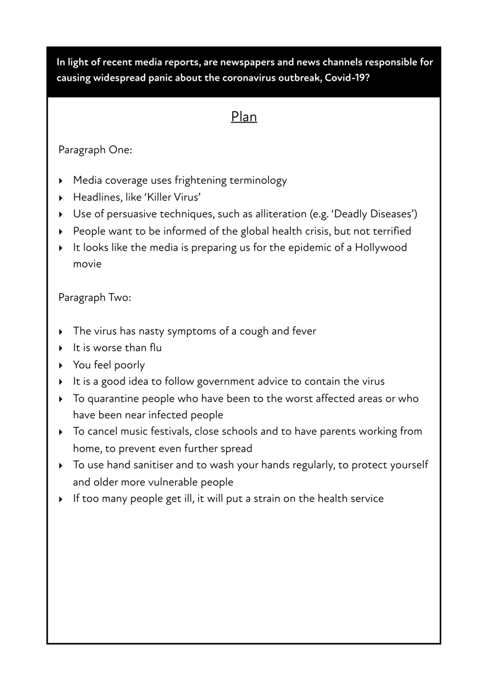 Media panic essay plan: bullet notes for paragraphs one and two on scary headlines, alliteration and virus advice