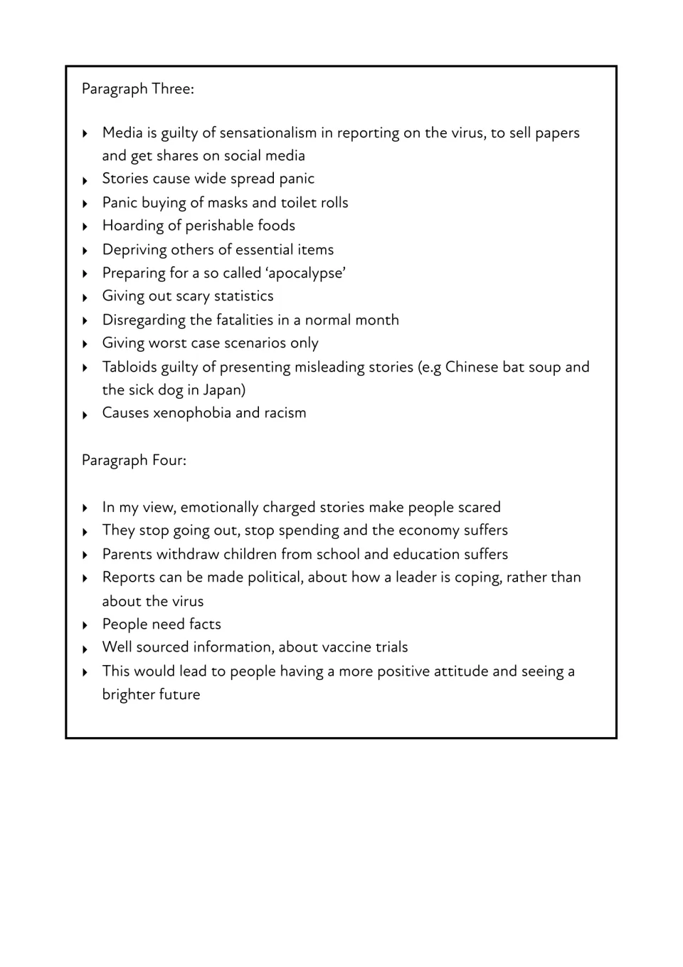 Essay plan continued: paragraph three and four notes on sensationalism, panic buying, xenophobia and the need for facts
