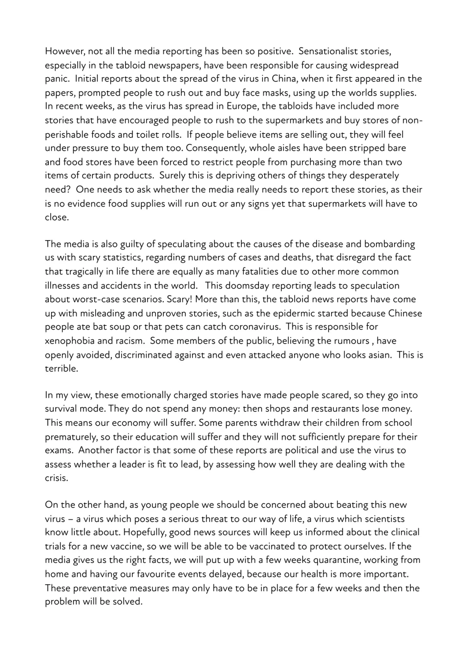 Model essay continued: tabloid sensationalism, panic buying, misleading stories and a closing view on vaccine news