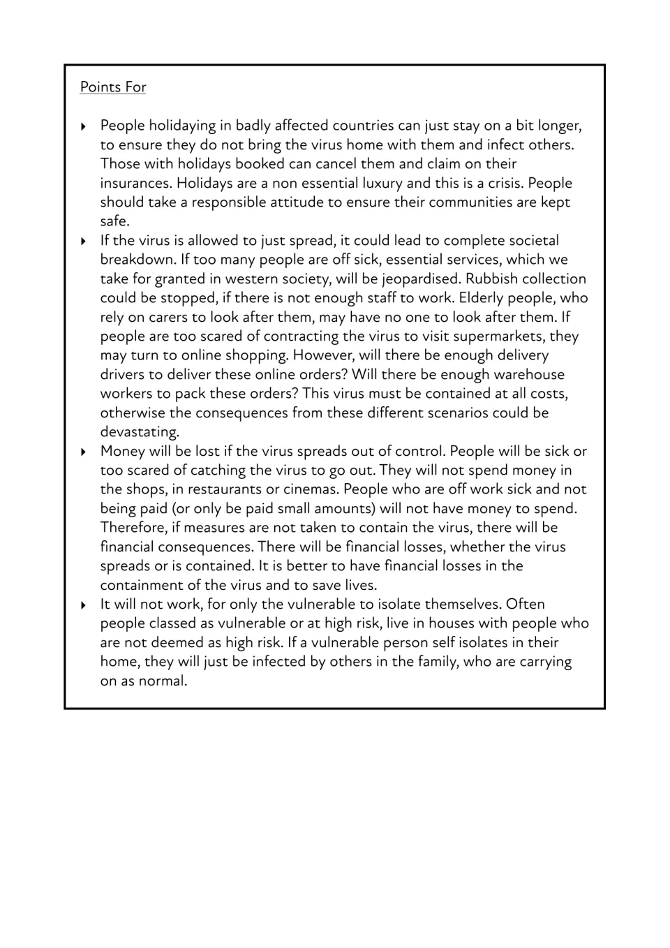 Points For continued: holidays, societal breakdown, money lost and why isolating only the vulnerable will not work