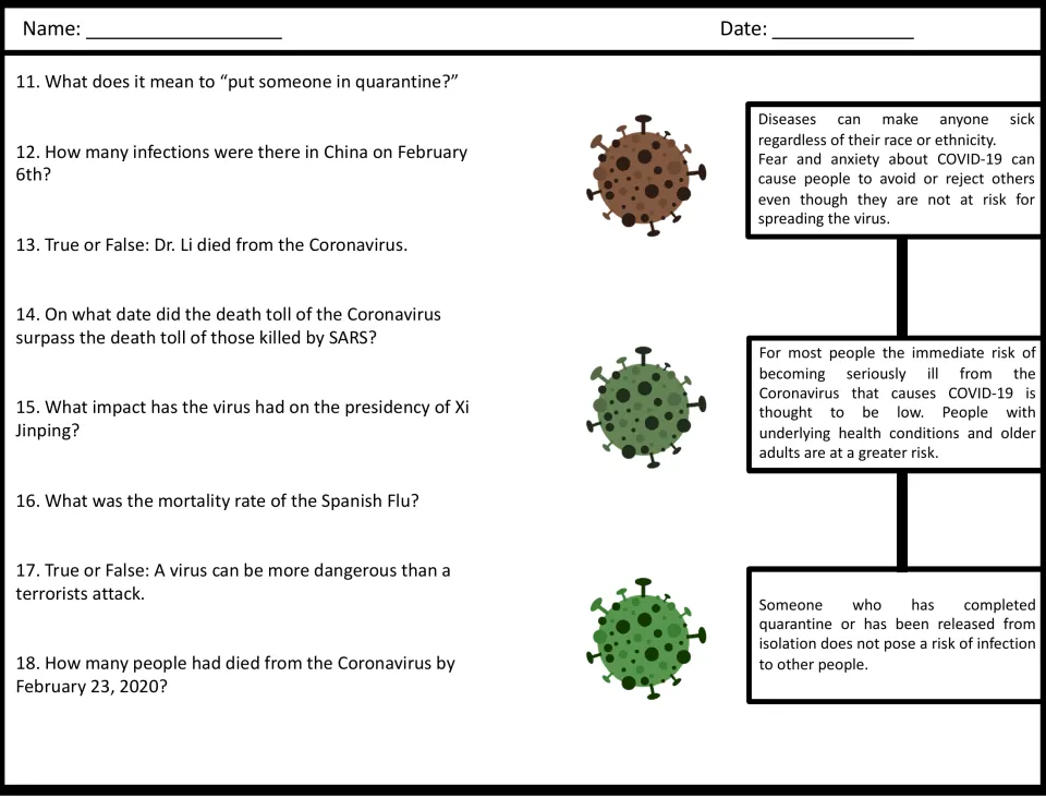 Video guide questions 11–18 on quarantine, infection counts, Dr. Li's death, SARS, and Spanish flu mortality.