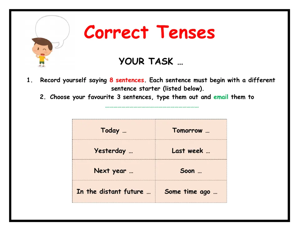 Verb tenses speaking task: students record 8 sentences using time starters like Yesterday, Tomorrow and Soon, then email 3