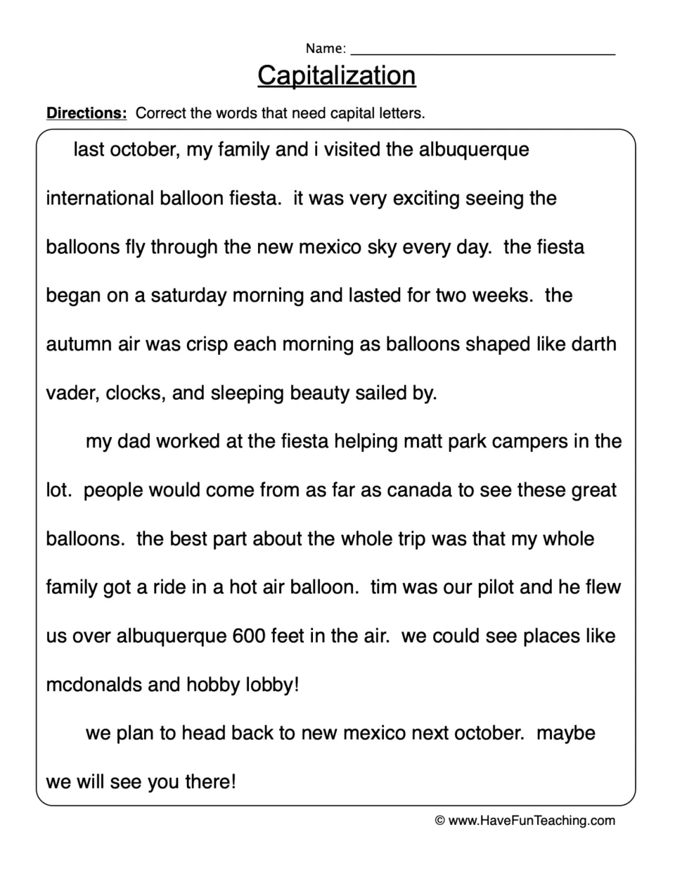 Capitalization: students fix lowercase names, places, days and months in a story about the Albuquerque balloon fiesta