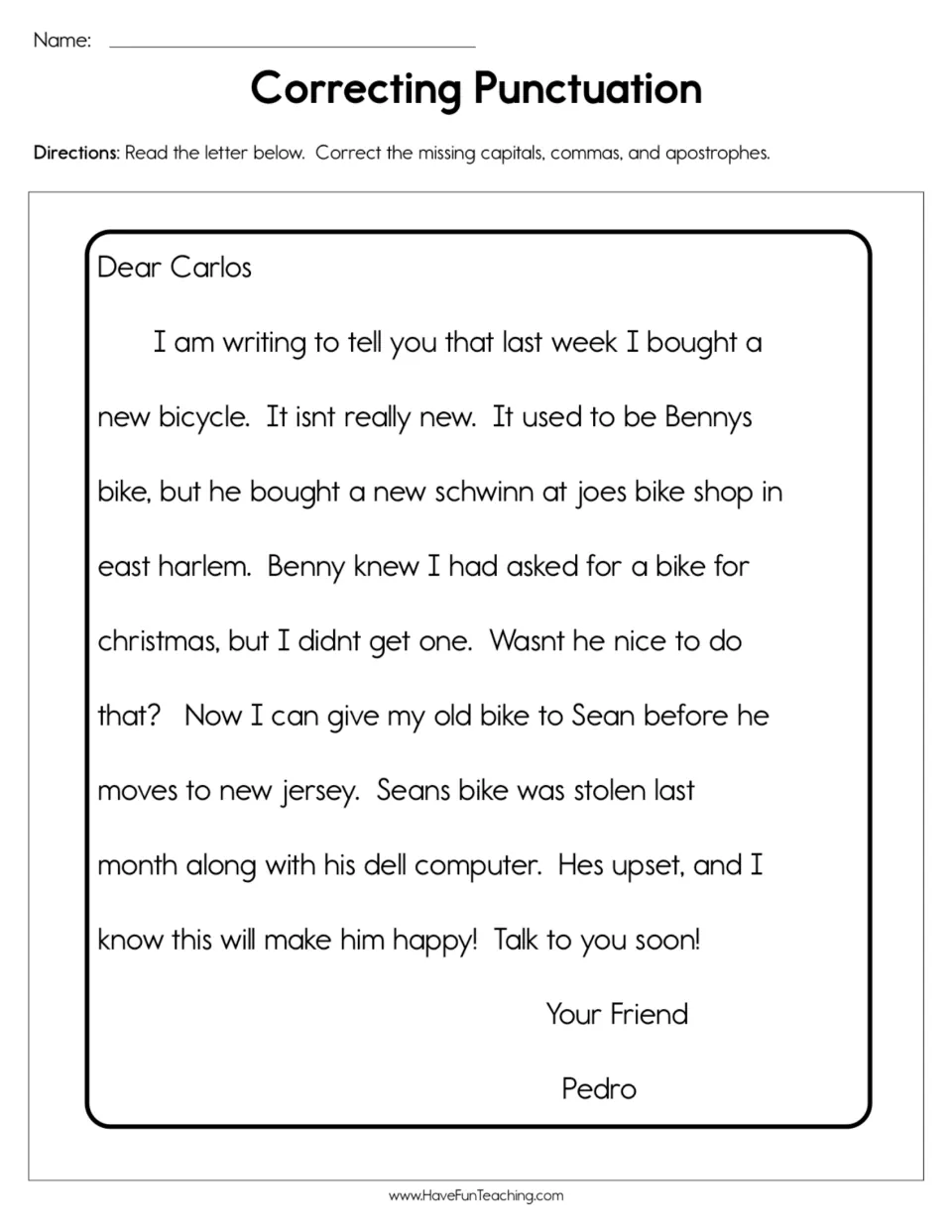 Friendly letter editing: students fix missing capitals, commas and apostrophes in Pedro's letter to Carlos about a bike