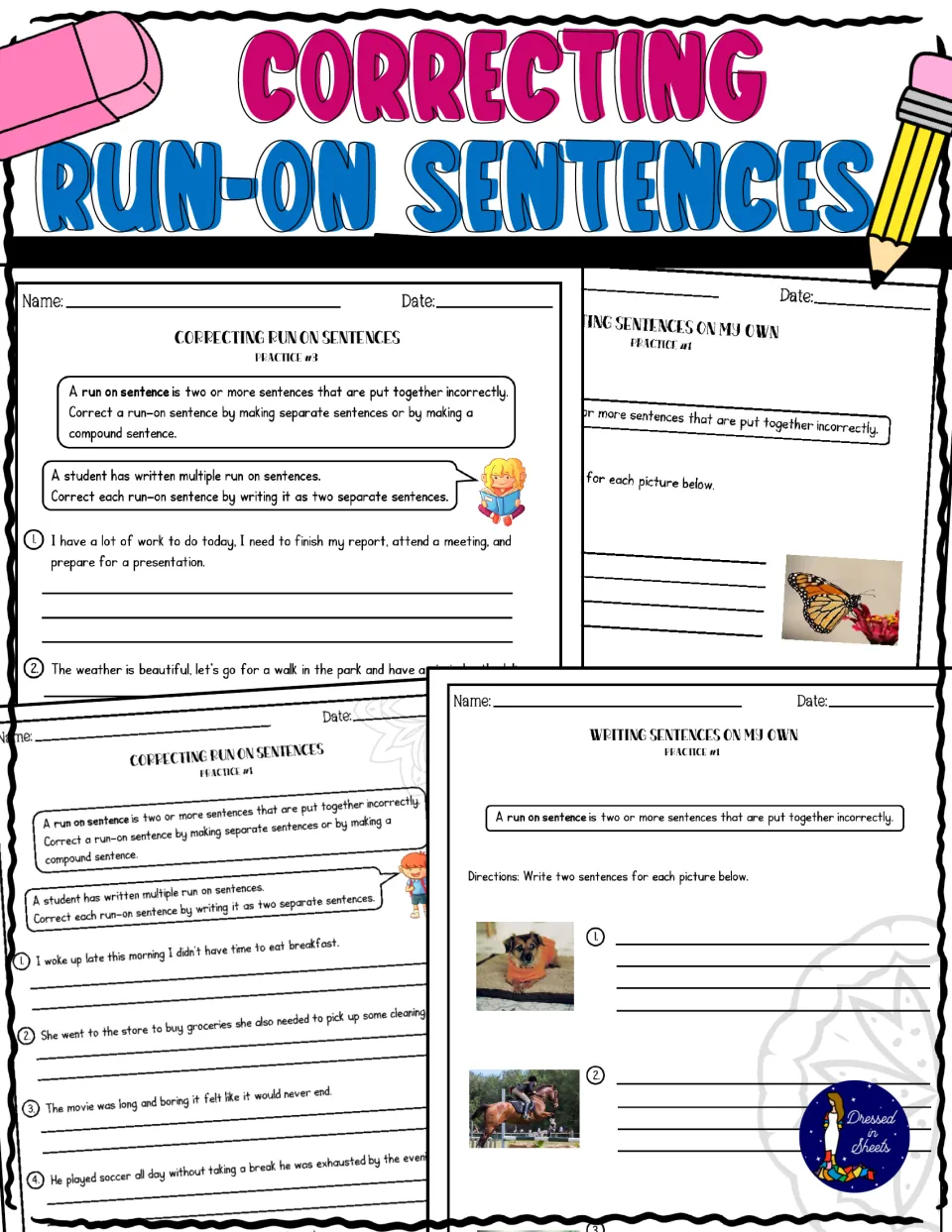 Correcting Run-On Sentences cover showing practice sheets for splitting run-ons and writing two sentences per photo
