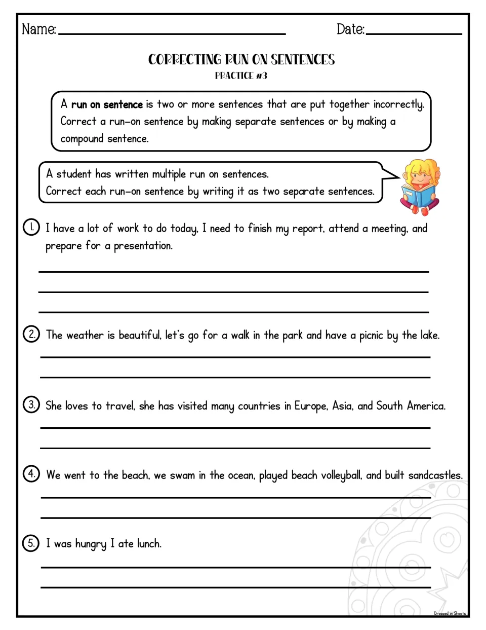 Run-on practice 3: students fix comma splices about work, weather, travel and the beach, plus "I was hungry I ate lunch"