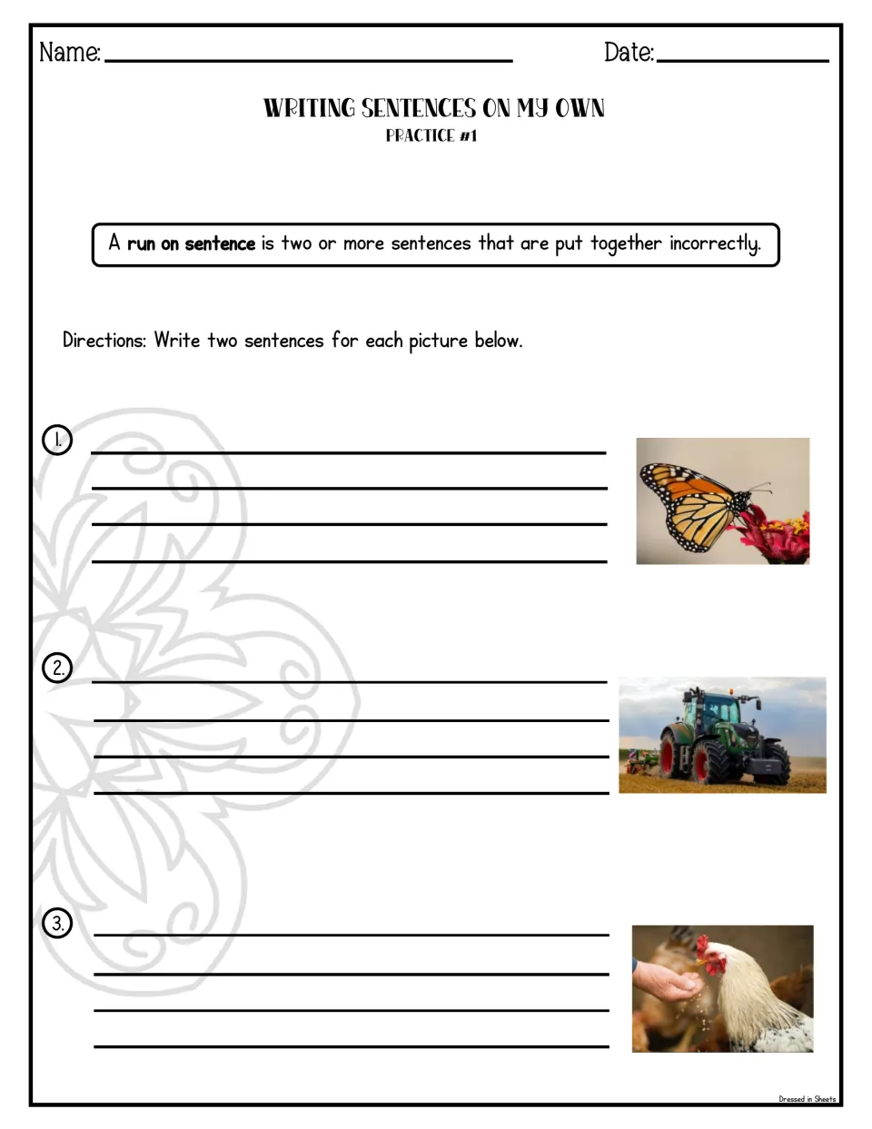 Picture writing prompts: students write two sentences each for photos of a monarch butterfly, a tractor and a rooster