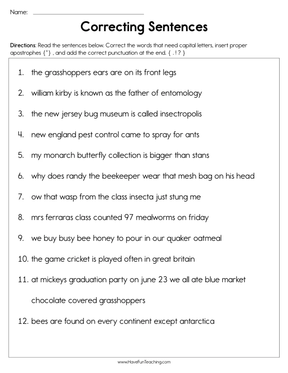 Sentence editing: students add capital letters, apostrophes and end punctuation to 12 insect-themed sentences