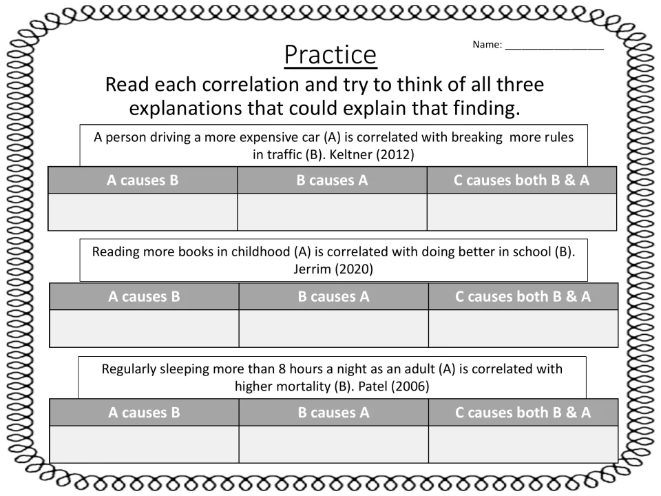 Practice: students write A causes B, B causes A and third-variable explanations for studies on cars, reading and sleep